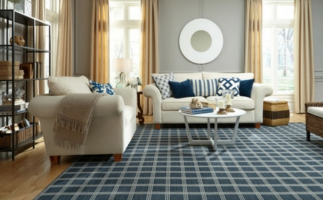 blue area rug with white furniture